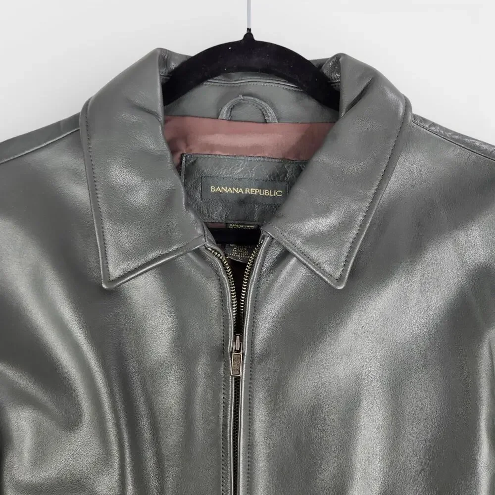 Y2K Banana Republic Leather Bomber Jacket Mens Large Gray Biker Zip Vents Lined